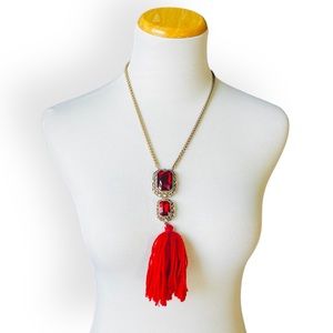 NEW Red Pendant Yarn Tassel Gold Tone Long Necklace Earrings Set Regency Pom